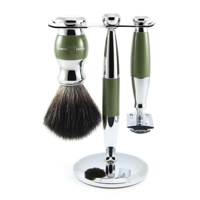 Edwin Jagger Double Edge Safety Razor Shaving Set Green & Chrome 3pc (Black Synthetic)