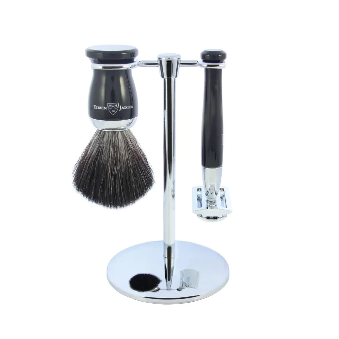 Edwin Jagger Double Edge Safety Razor Shaving Set Imitation Ebony 3pc (Black Synthetic)