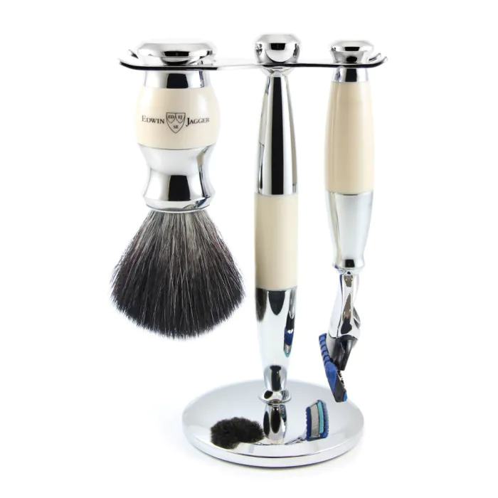 Edwin Jagger Gillette® Fusion® ProGlide® Razor Shaving Set Imitation Ivory & Chrome 3pc (Black Synthetic)