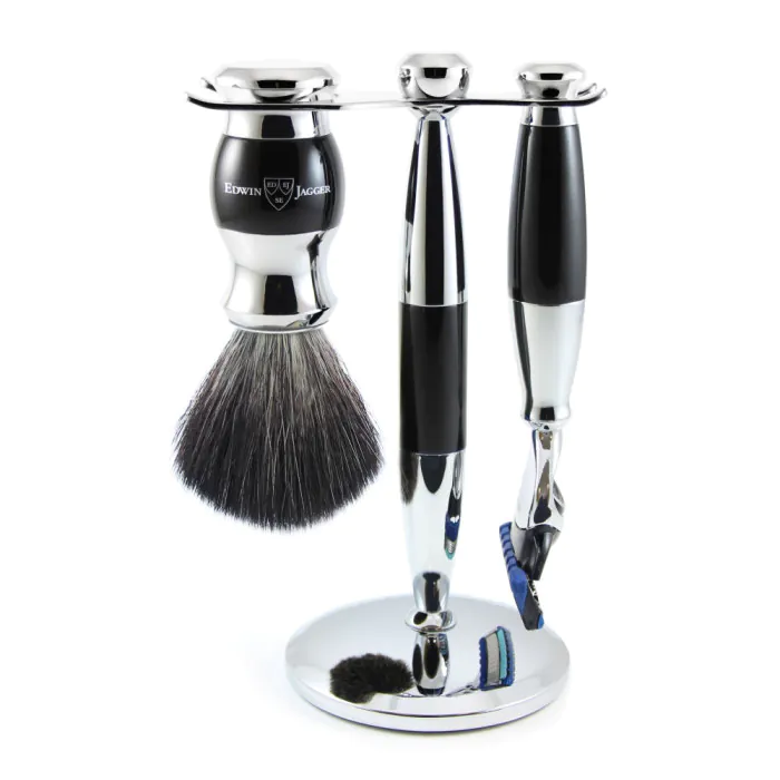 Edwin Jagger Gillette® Fusion® ProGlide® Razor Shaving Set Imitation Ebony & Chrome 3pc (Black Synthetic)
