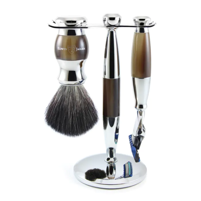 Edwin Jagger Gillette® Fusion® ProGlide® Razor Shaving Set Imitation Horn & Chrome 3pc (Black Synthetic)