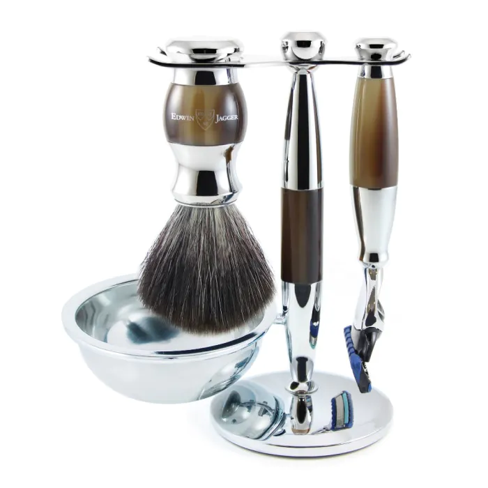 Edwin Jagger Gillette® Fusion® ProGlide® Razor Shaving Set Imitation Horn & Chrome 4pc (Black Synthetic)
