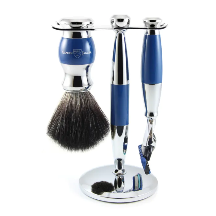 Edwin Jagger Gillette® Fusion® ProGlide® Razor Shaving Set Blue & Chrome 3pc (Black Synthetic)