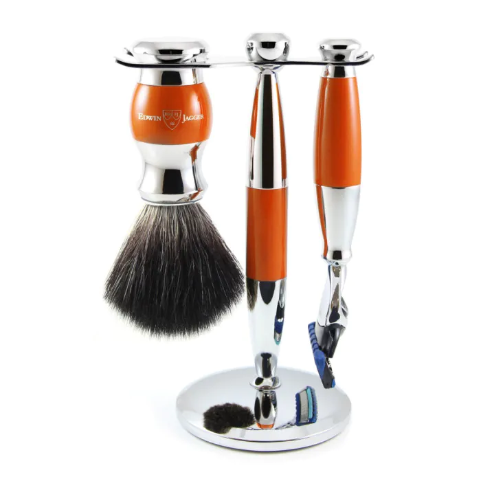 Edwin Jagger Gillette® Fusion® ProGlide® Razor Shaving Set Orange & Chrome 3pc (Black Synthetic)