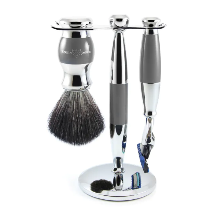 Edwin Jagger Gillette® Fusion® ProGlide® Razor Shaving Set Grey & Chrome 3pc (Black Synthetic)