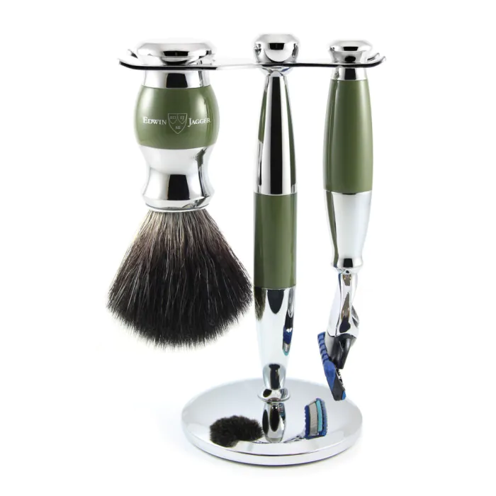 Edwin Jagger Gillette® Fusion® ProGlide® Razor Shaving Set Green & Chrome 3pc (Black Synthetic)