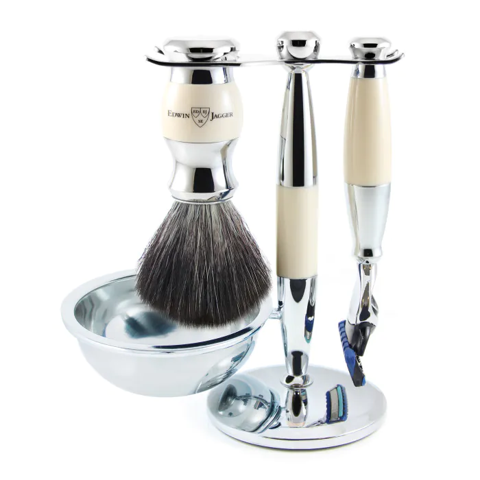 Edwin Jagger Gillette® Fusion® ProGlide® Razor Shaving Set Imitation Ivory & Chrome 4pc (Black Synthetic)