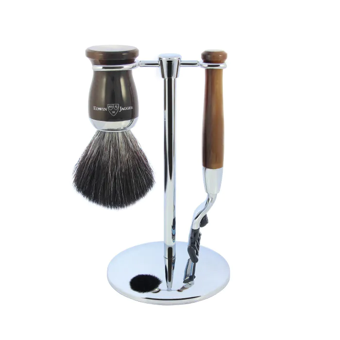 Edwin Jagger Gillette® Mach3® Razor Shaving Set Imitation Horn 3pc (Black Synthetic)