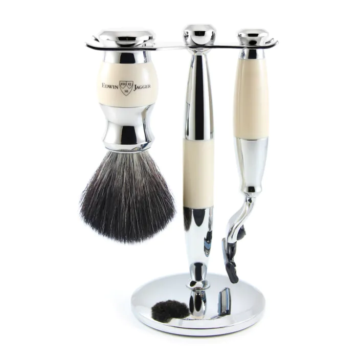 Edwin Jagger Gillette® Mach3® Razor Shaving Set Imitation Ivory & Chrome 3pc (Black Synthetic)