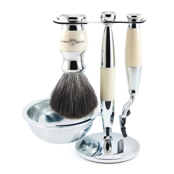 Edwin Jagger Gillette® Mach3® Razor Shaving Set Imitation Ivory & Chrome 4pc (Black Synthetic)