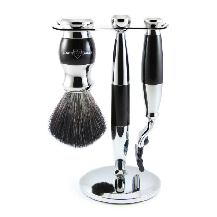 Edwin Jagger Gillette® Mach3® Razor Shaving Set Imitation Ebony & Chrome 3pc (Black Synthetic)