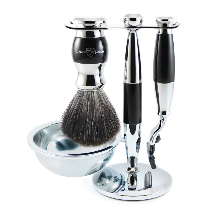 Edwin Jagger Gillette® Mach3® Razor Shaving Set Imitation Ebony & Chrome 4pc (Black Synthetic)