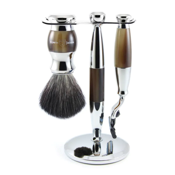 Edwin Jagger Gillette® Mach3® Razor Shaving Set Imitation Horn & Chrome 3pc (Black Synthetic)