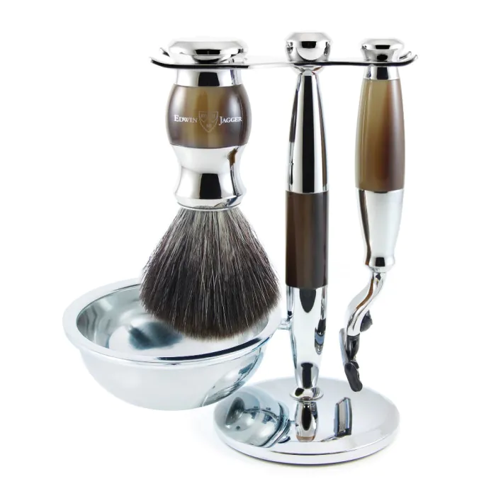 Edwin Jagger Gillette® Mach3® Razor Shaving Set Imitation Horn & Chrome 4pc (Black Synthetic)