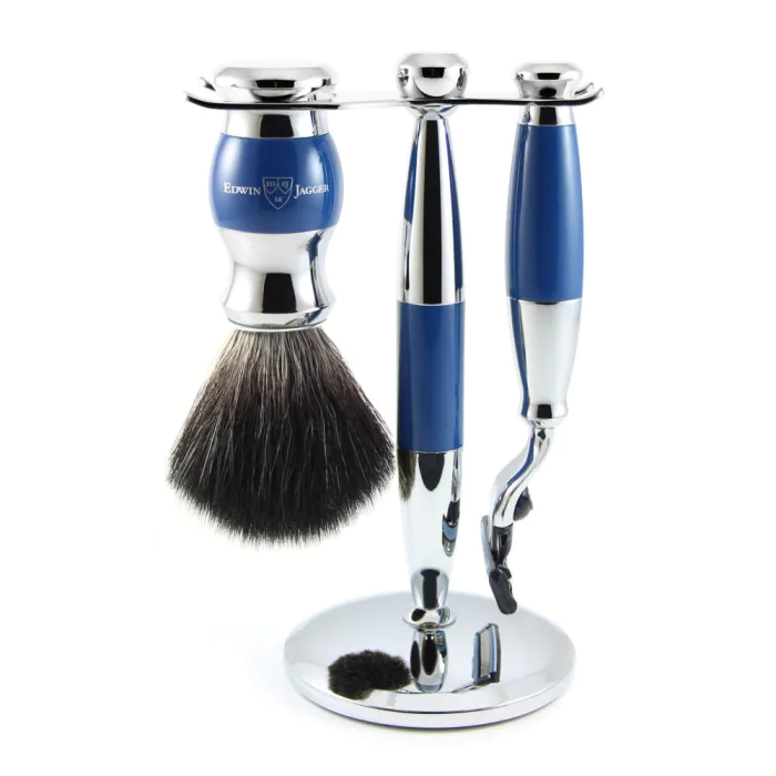 Edwin Jagger Gillette® Mach3® Razor Shaving Set Blue & Chrome 3pc (Black Synthetic)