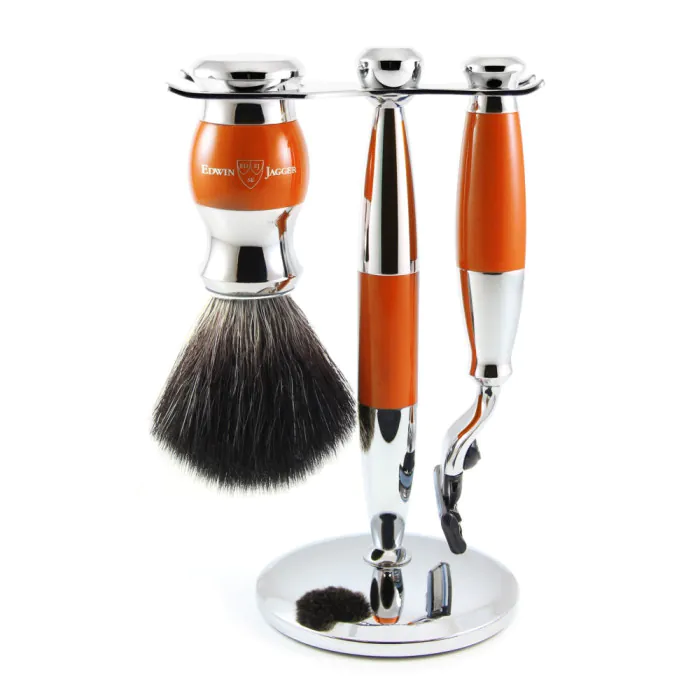 Edwin Jagger Gillette® Mach3® Razor Shaving Set Orange & Chrome 3pc (Black Synthetic)