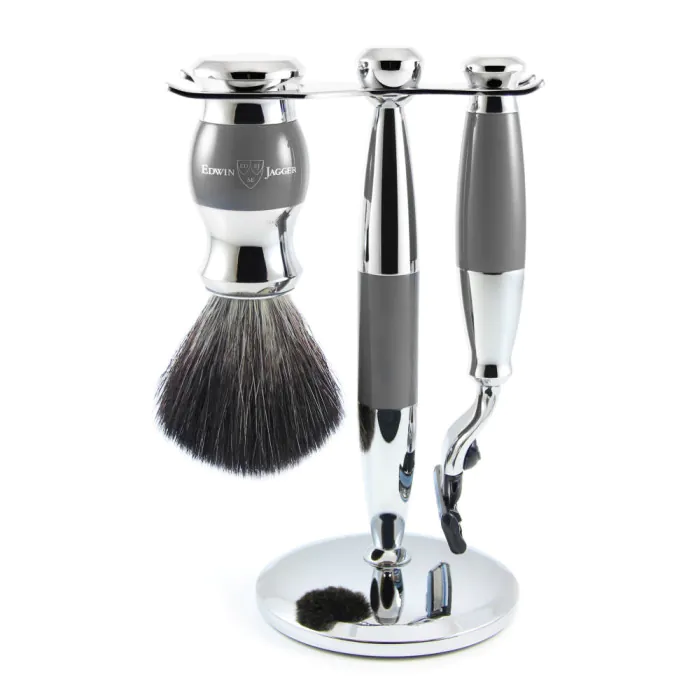 Edwin Jagger Gillette® Mach3® Razor Shaving Set Grey & Chrome 3pc (Black Synthetic)