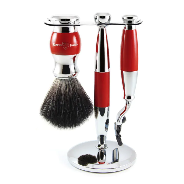 Edwin Jagger Gillette® Mach3® Razor Shaving Set Red & Chrome 3pc (Black Synthetic)
