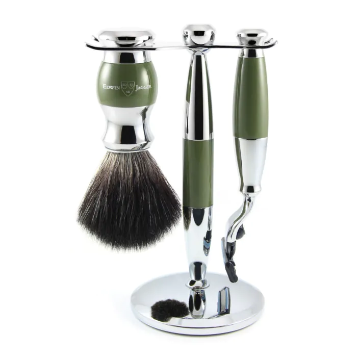 Edwin Jagger Gillette® Mach3® Razor Shaving Set Green & Chrome 3pc (Black Synthetic)