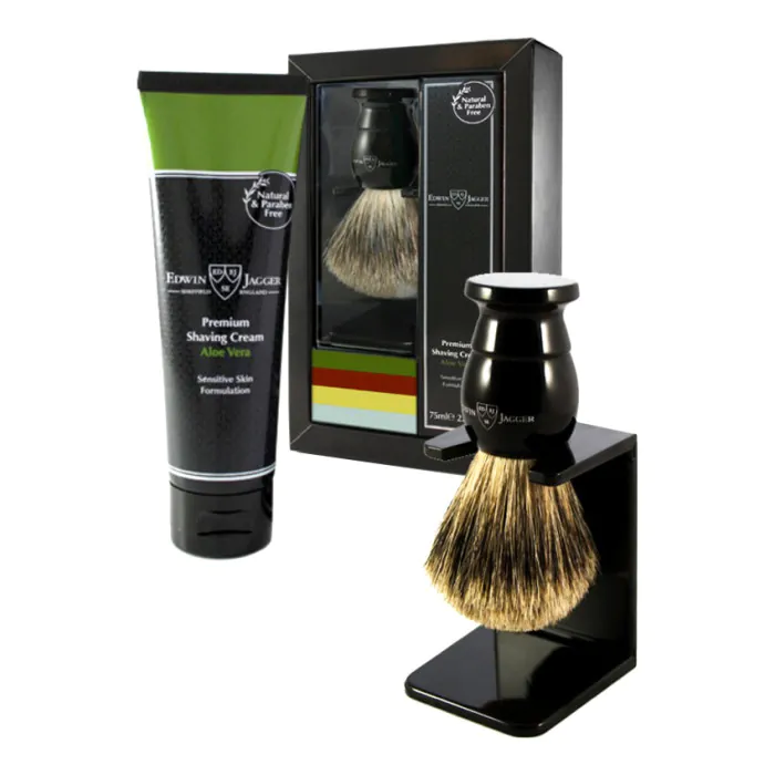 Edwin Jagger Imitation Ebony Shaving Brush and Cream Gift Set (Aloe Vera)