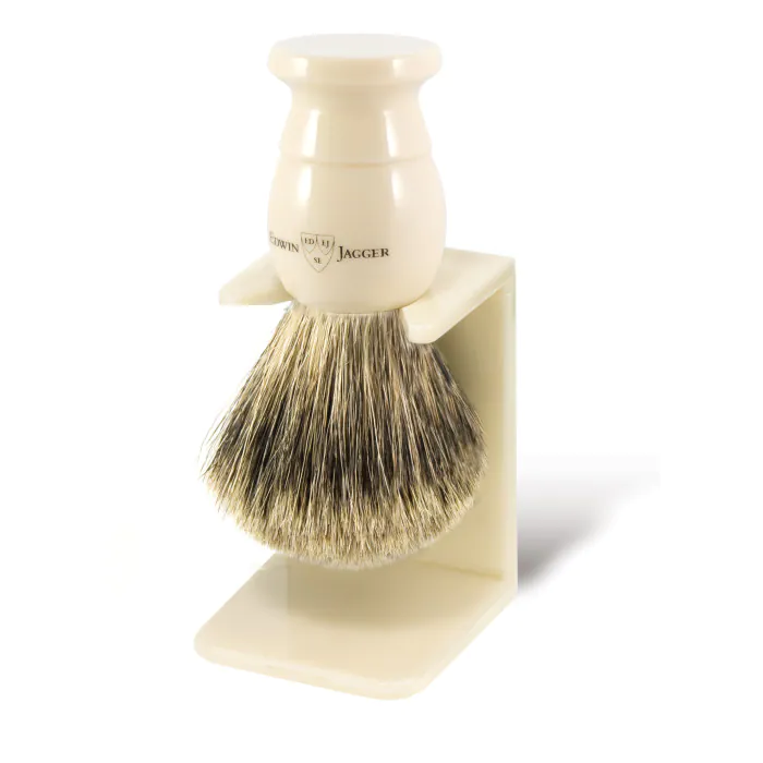 Edwin Jagger Imitation Ivory Best Badger Shaving Brush With Stand