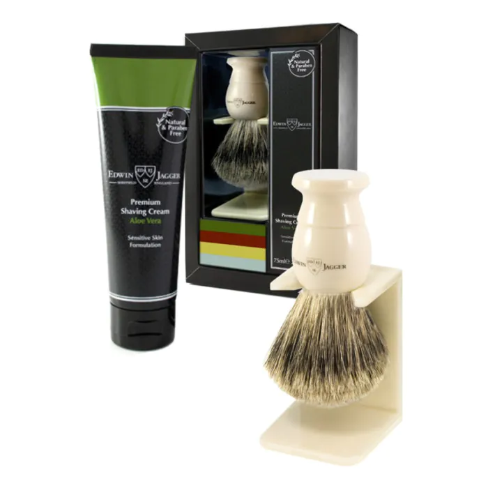 Edwin Jagger Imitation Ivory Shaving Brush and Cream Gift Set (Aloe Vera)