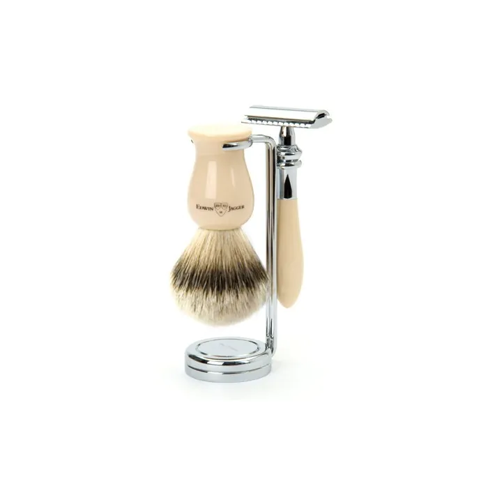 Edwin Jagger Plaza Double Edge Safety Razor Shaving Set – Imitation Ivory 3-Piece