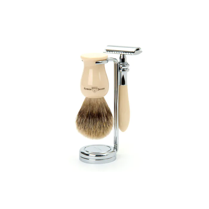 Edwin Jagger Plaza Double Edge Safety Razor Shaving Set – Imitation Ivory 3-Piece