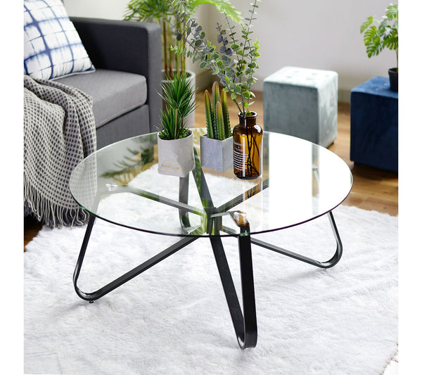 Eggree Set Of 22 Konya Coffee Table 80cm - Glass With Black Metal Leg Set Of 22 Konya Coffee Table 80cm - Glass With Black Metal Leg
