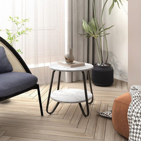 eggree Set of 83 Konya 18 in. Round White Marble Color Top Black Frame 2-Tier End Table Set of 83 Konya 18 in. Round White Marble Color Top Black Frame 2-Tier End Table