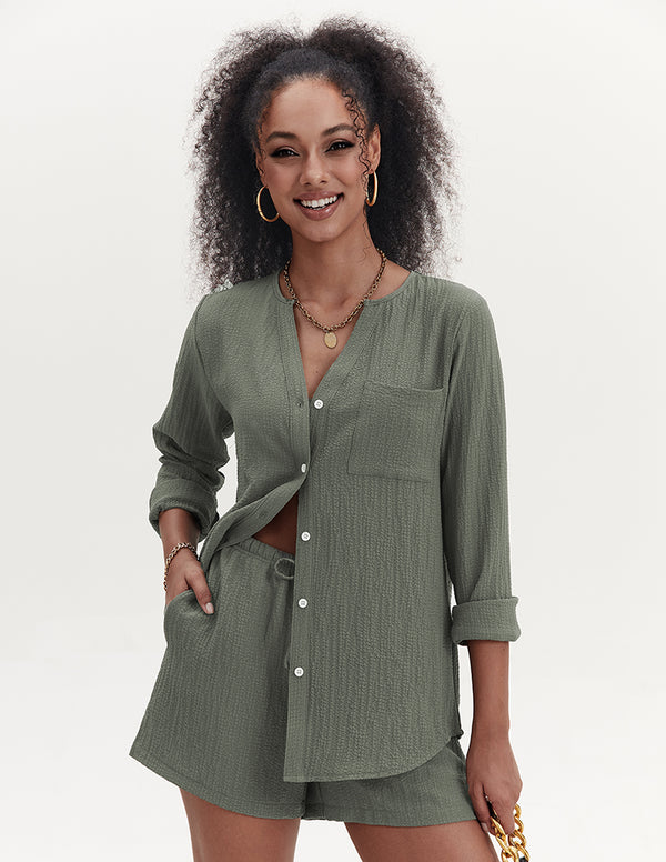 Ekouaer Casual Bubble Crepe 2-Piece Outfits (US Only)