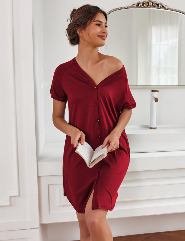 Ekouaer Casual V-Neck Button Down Nightgown (US Only)