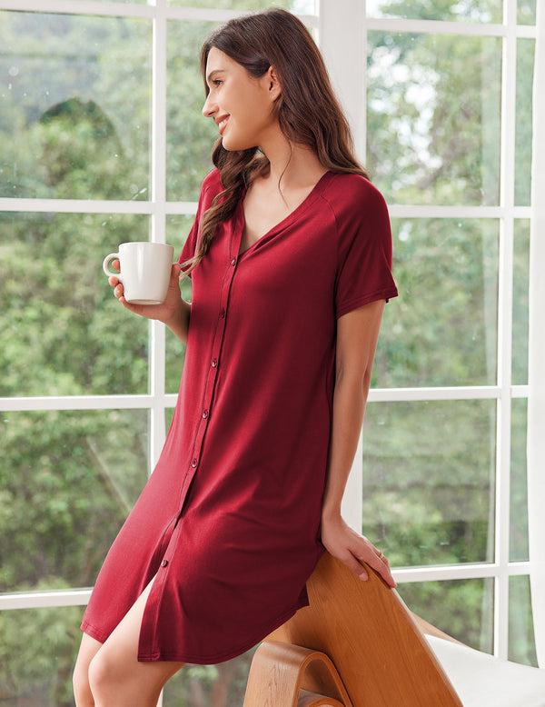 Ekouaer Casual V-Neck Button Down Nightgown (US Only)