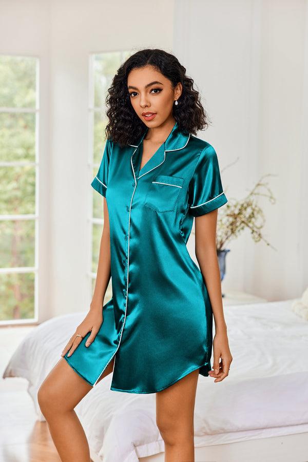 Ekouaer Classic Satin Notch Collar Nightshirt (US Only)