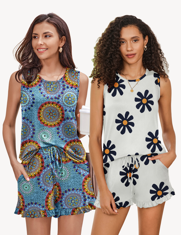 Ekouaer Ekouaer 2 Pack Pajama Set Print Sleepwear Tank Tops And Ruffled Shorts