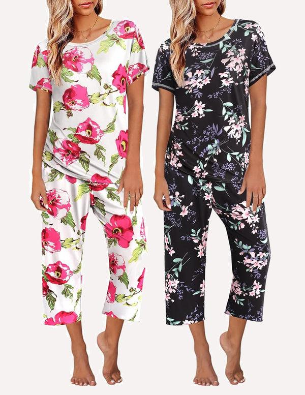 Ekouaer Ekouaer 2 Pack: Tops And Capri Pants Pjs Print Pajama Sets