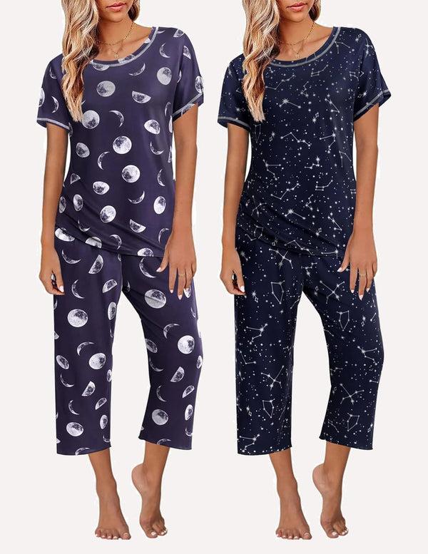 Ekouaer Ekouaer 2 Pack: Tops And Capri Pants Pjs Print Pajama Sets