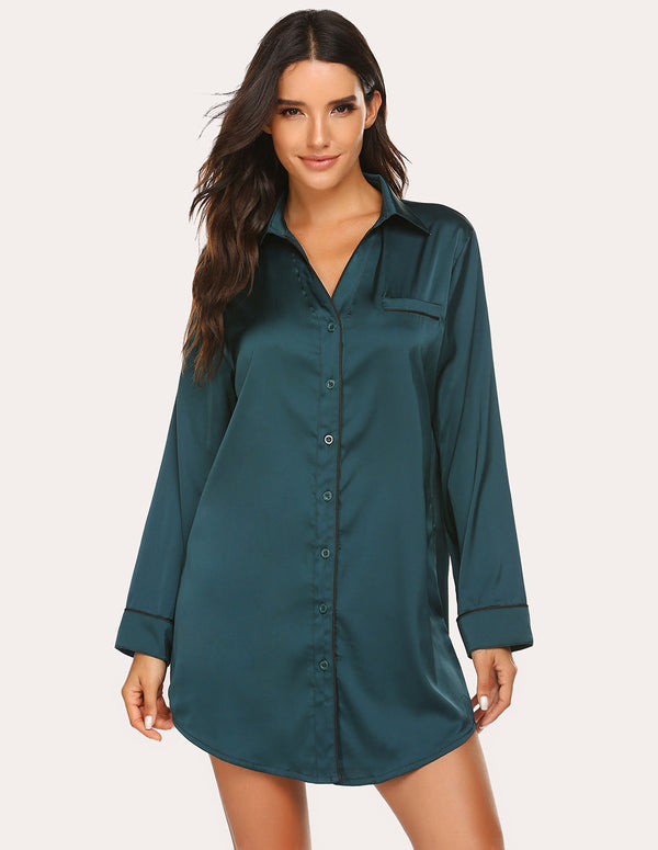 Ekouaer Ekouaer Boyfriend Style Satin NightShirt Nightgown (US Only)