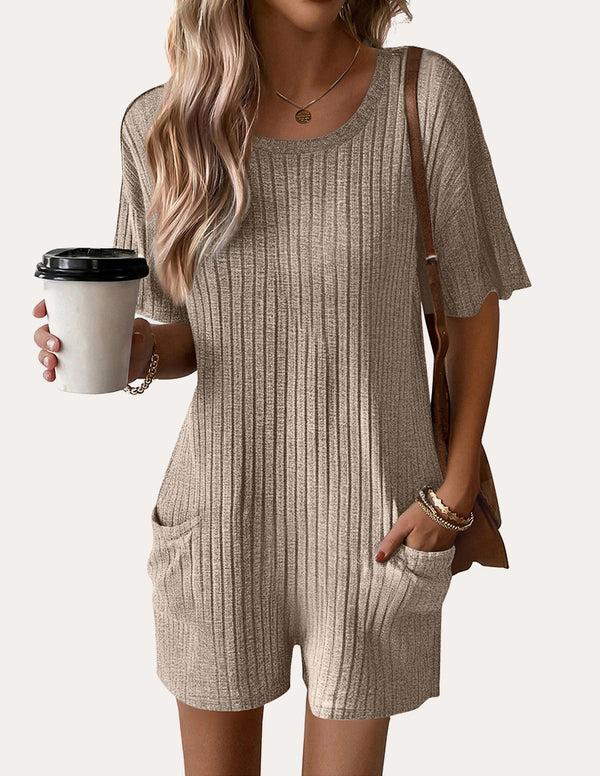 Ekouaer Casual Elastic Ribbed Tee Romper (US Only)