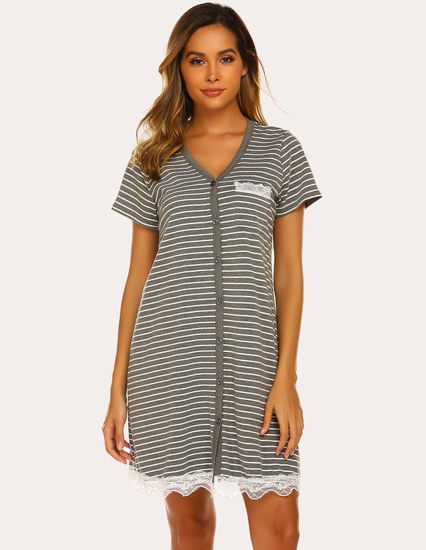 ekouaer Ekouaer Contrast Color Striped Loose Nightdress (US Only)