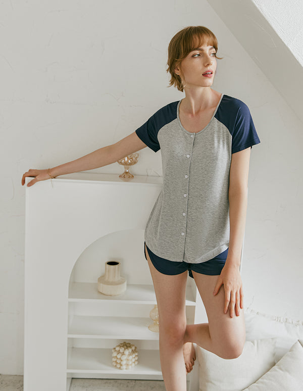 ekouaer Ekouaer Contrast Color Top Shorts Loose Pajamas Set (US Only)