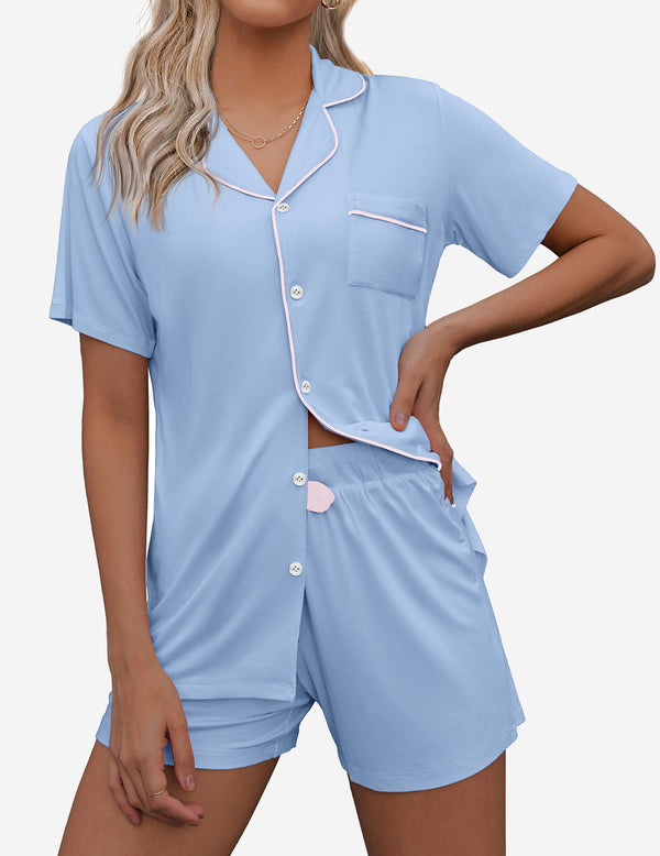 Ekouaer Ekouaer Contrast Piping Pocket Patched Pajama Set (US Only)