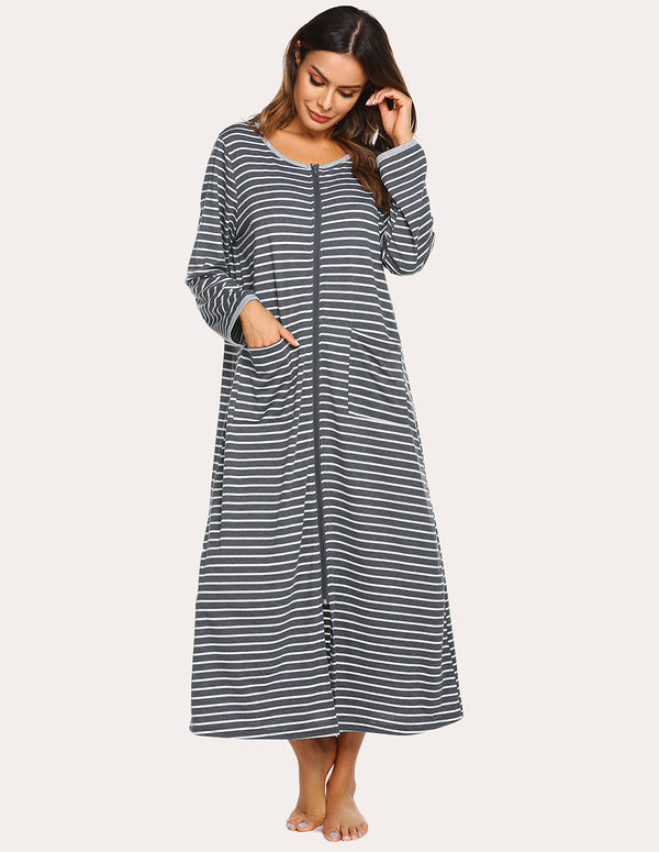 ekouaer Ekouaer Striped Zipper Nightdress (US Only)