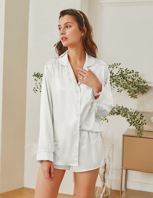 Ekouaer Feather Sleeve Satin Pajamas Set (US Only)