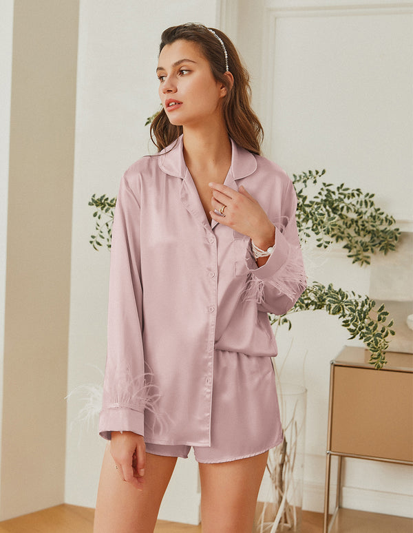 Ekouaer Feather Sleeve Satin Pajamas Set (US Only)