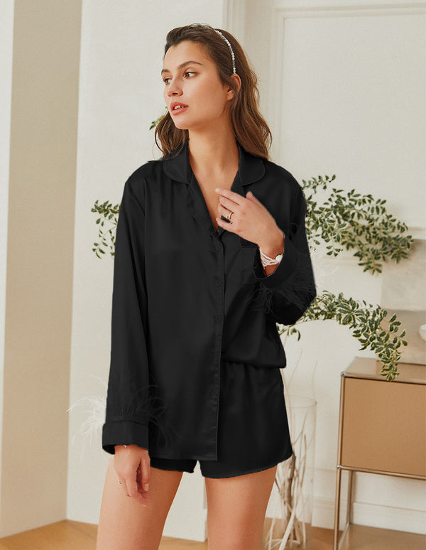 Ekouaer Feather Sleeve Satin Pajamas Set (US Only)