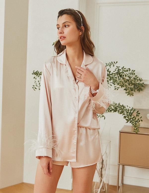 ekouaer Feather Sleeve Satin Pajamas Set (US Only)