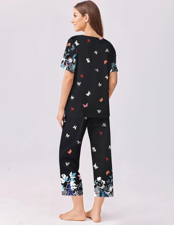 Ekouaer Ekouaer Floral Capri Pajama Set Short Sleeve Top And Pants