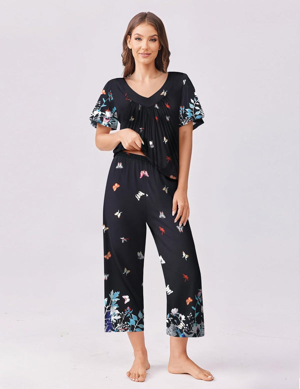 Ekouaer Ekouaer Floral Capri Pajama Set Short Sleeve Top And Pants