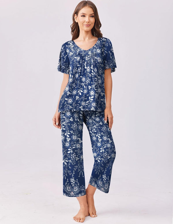 Ekouaer Ekouaer Floral Capri Pajama Set Short Sleeve Top And Pants